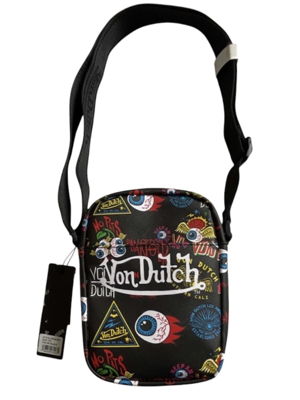 Von Dutch Flying Eyeball Crossbody Bag Black Multicolor Logo NWT